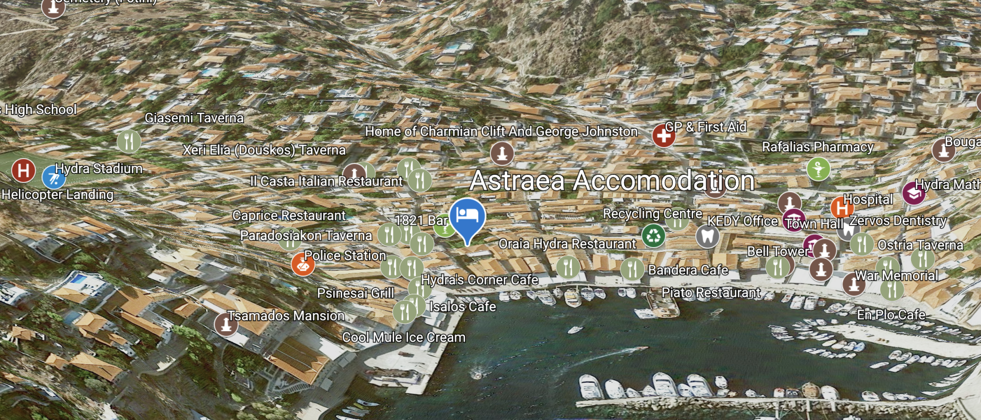 © 2020 HYDRADIRECT Location Map for Astraea Accommodation on Hydra Island Greece
