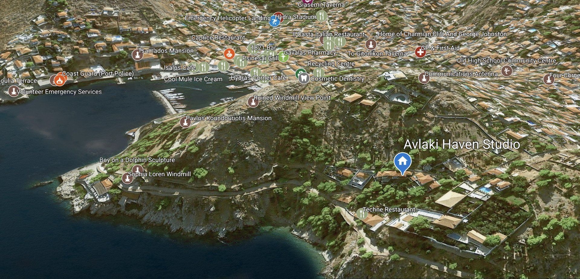 Location Map for Avlaki Haven House on Hydra Island Greece