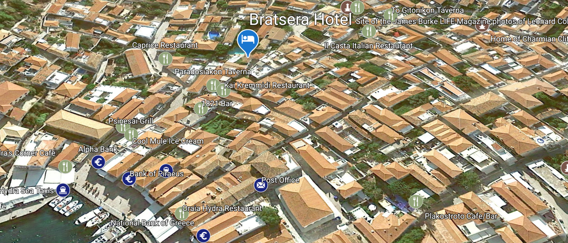 Map showing the location of the Bratsera Hotel on the Greek Island of Hydra