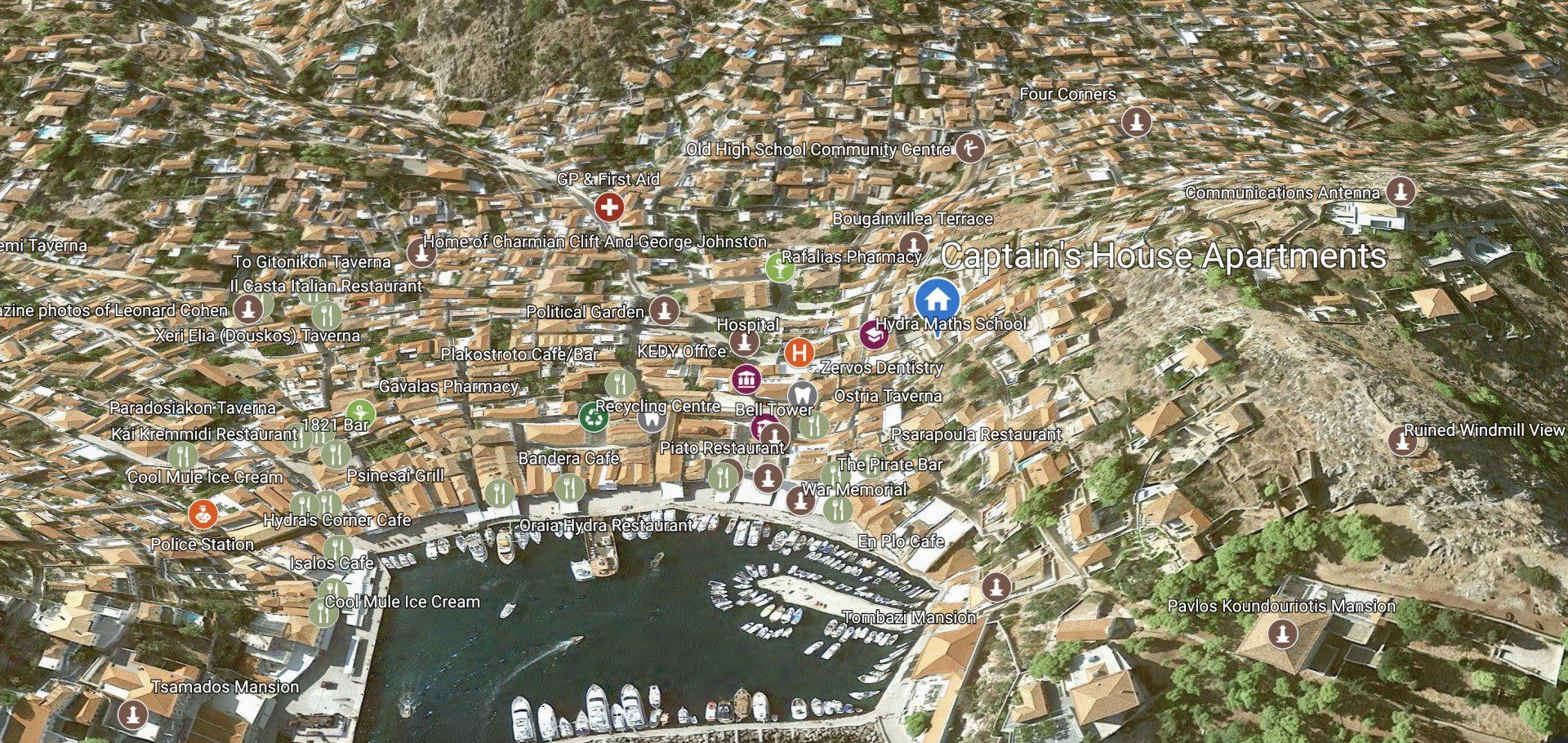 © 2020 HYDRADIRECT Location Map for Captain's House Apartments on Hydra Island Greece
