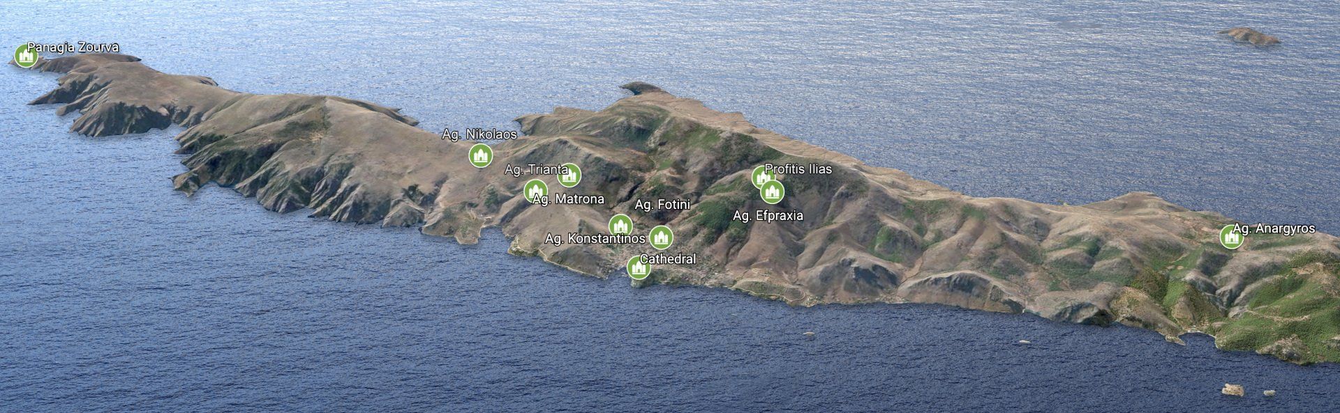 Map of Hydra Island Greece showing location of the main churches and monasteries.