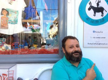 Sokrates Patsikas Donkeycat Gallery Shop on Hydra Island Greece, on the HYDRADIRECT shops & services pages