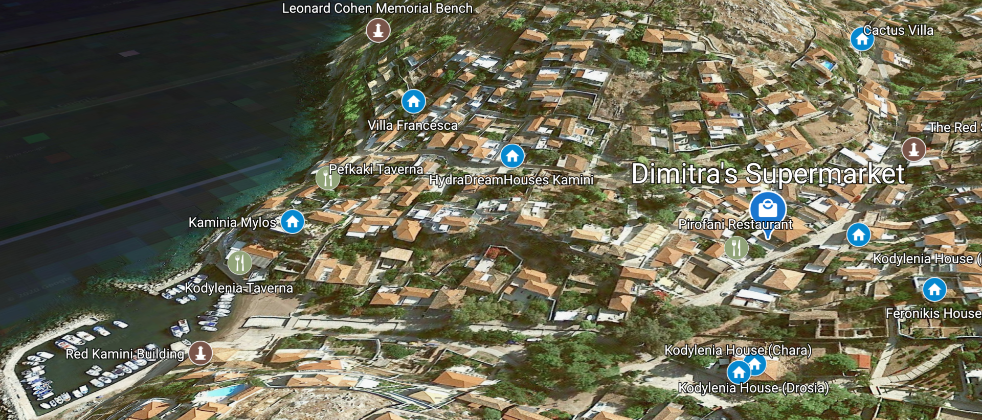 Map to find the Dimitra's Supermarket on the Greek Island of Hydra.