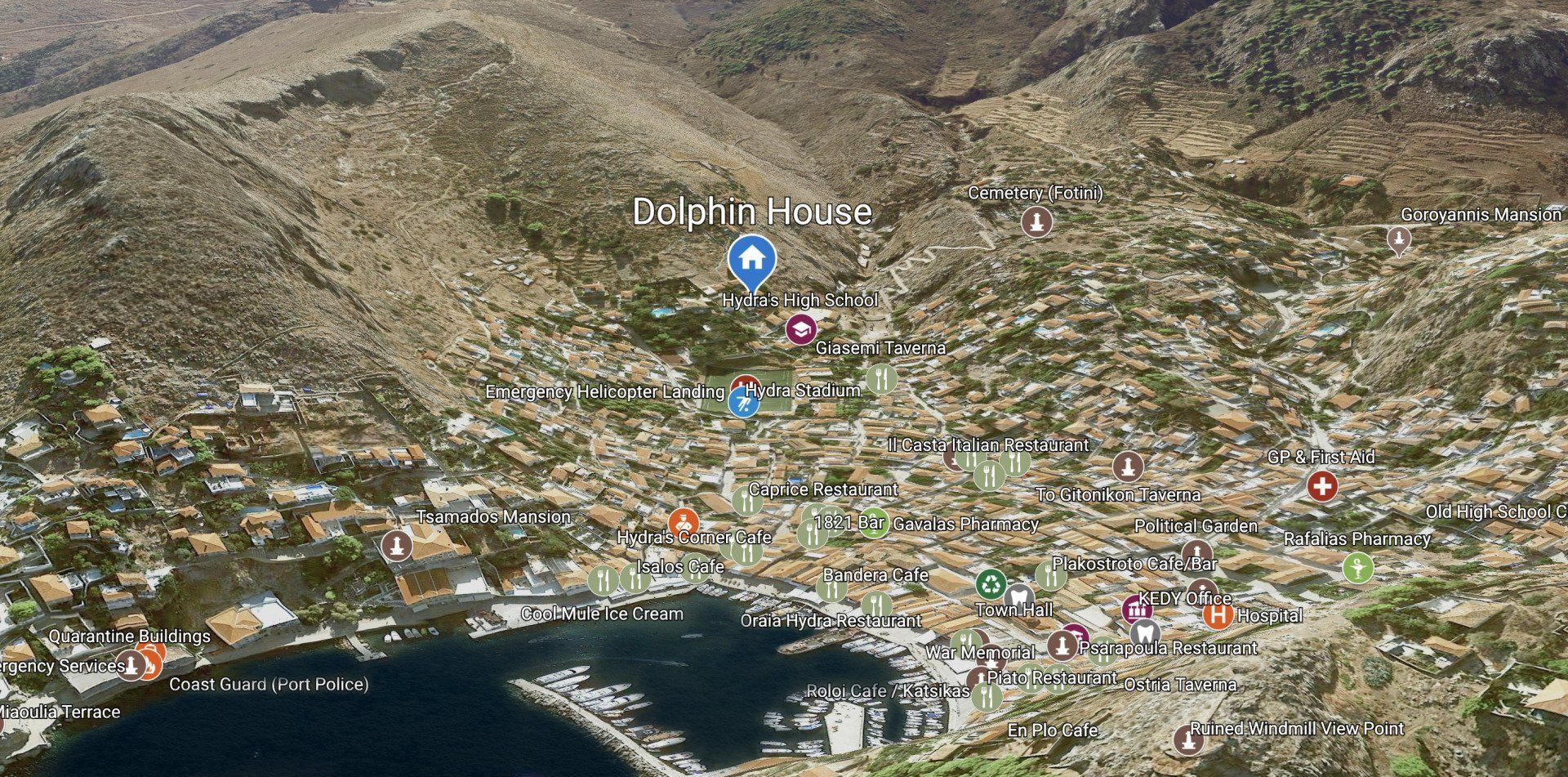 Location Map for Dolphin House on Hydra Island Greece
