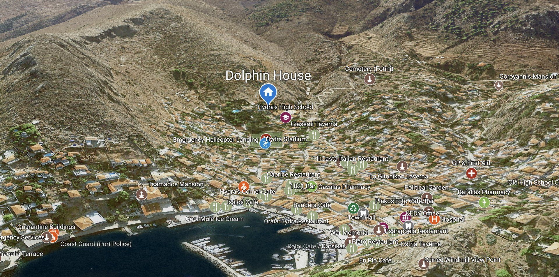 © 2020 HYDRADIRECT Location Map for Dolphin House on Hydra Island Greece