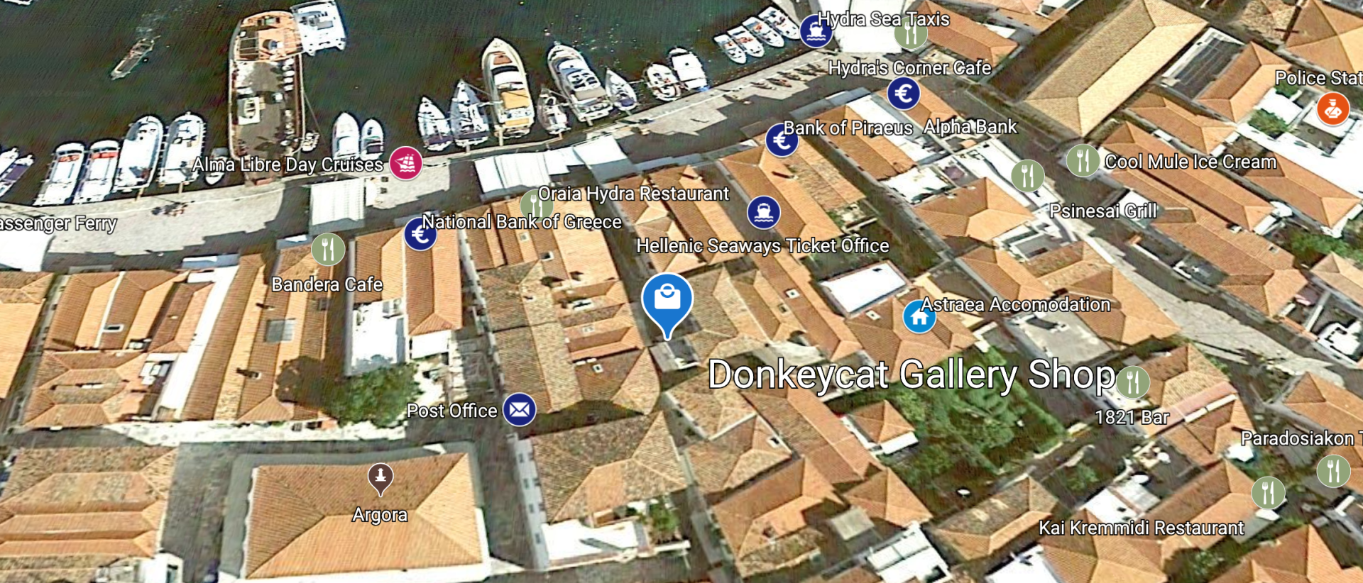 © 2020 HYDRADIRECT Map to find the Turquoise Shop on the Greek Island of Hydra.