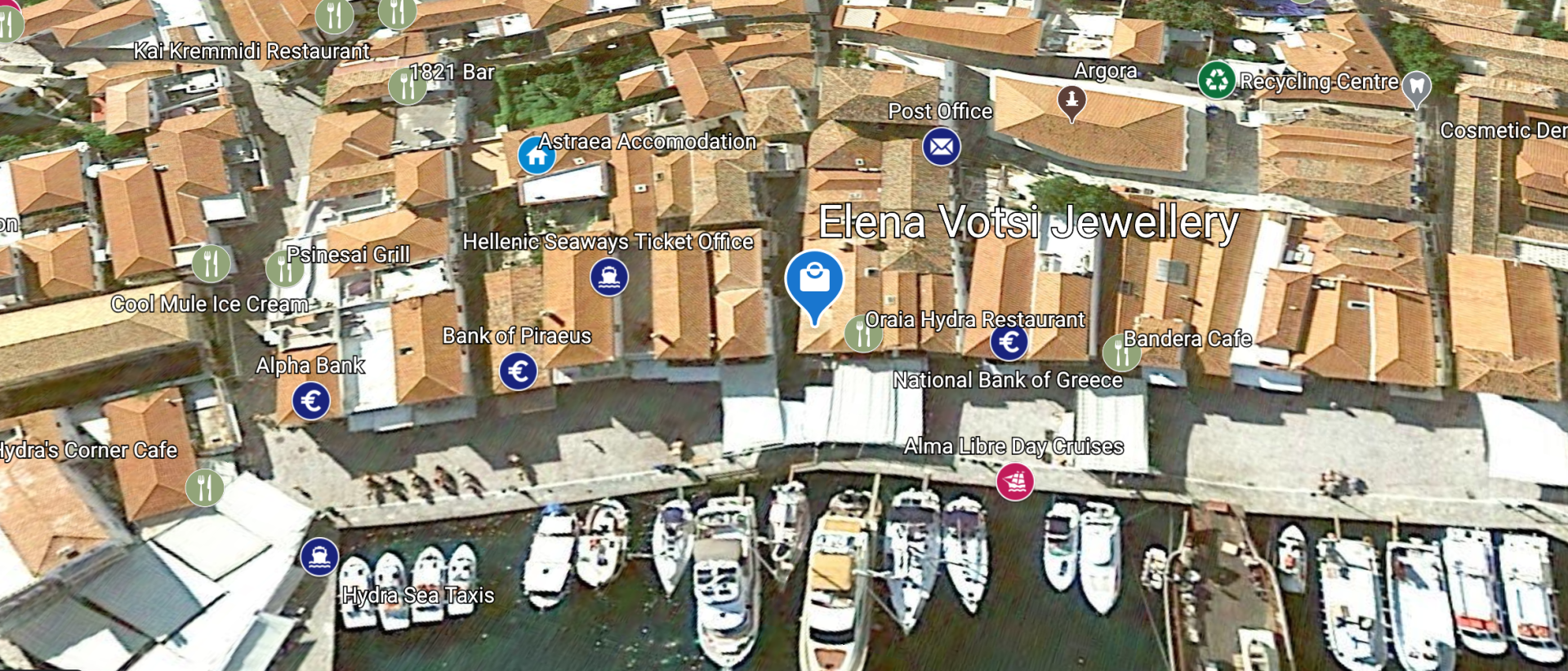 © 2020 HYDRADIRECT Map to find Elena Votsi Designer Jewellery shop on the Greek Island of Hydra.