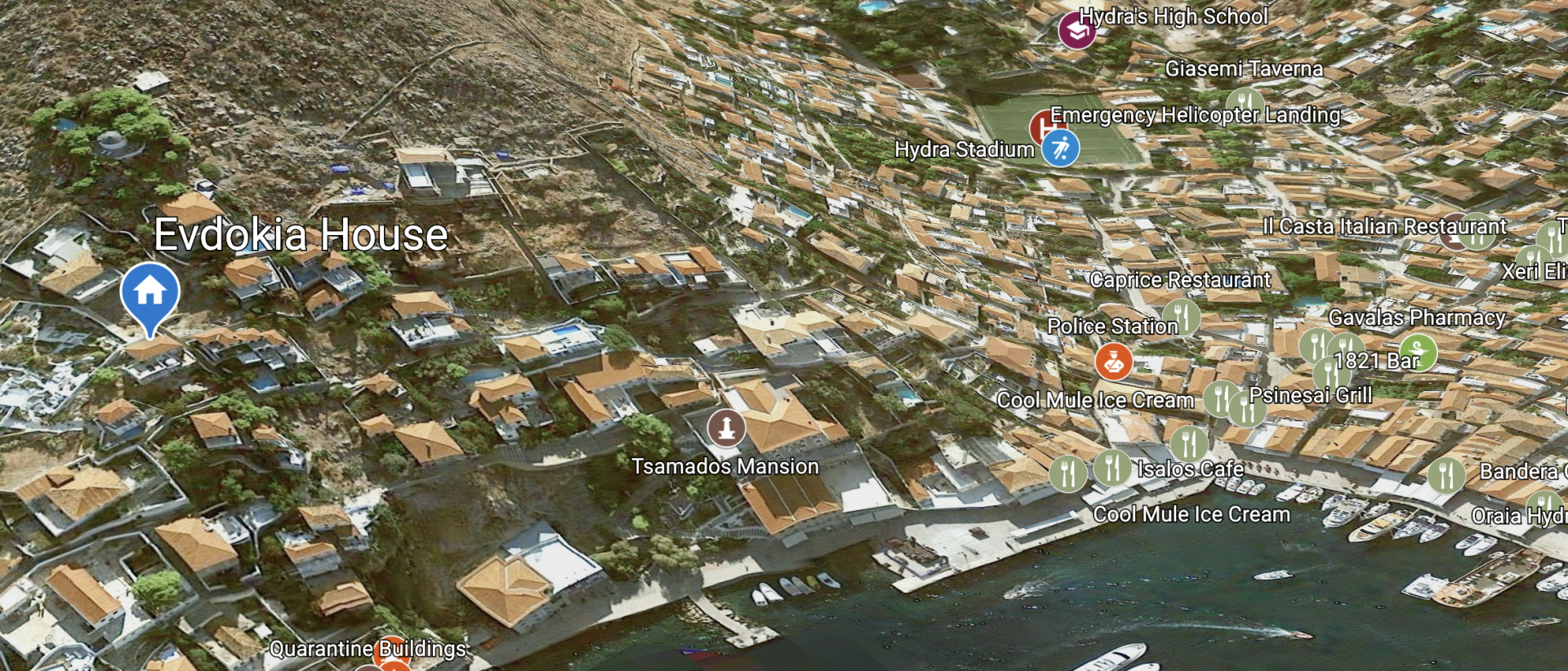 © 2020 HYDRADIRECT Location Map for Evdokia House on Hydra Island Greece