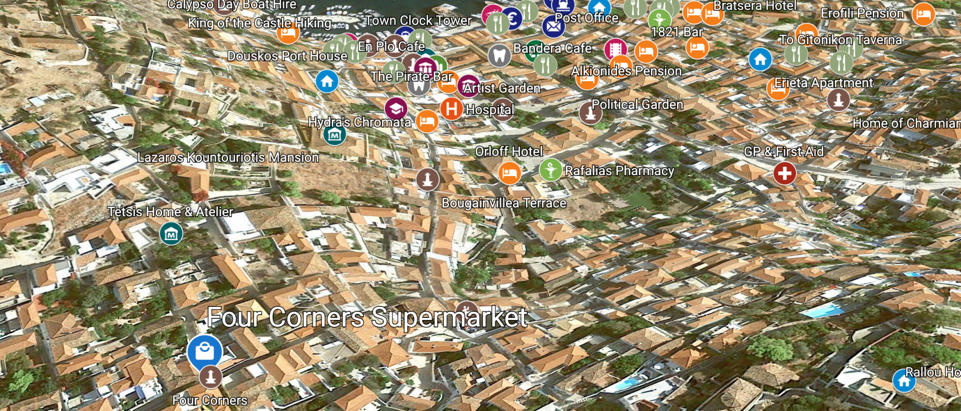 © 2020 HYDRADIRECT Map to find the Four Corners Supermarket on the Greek Island of Hydra.