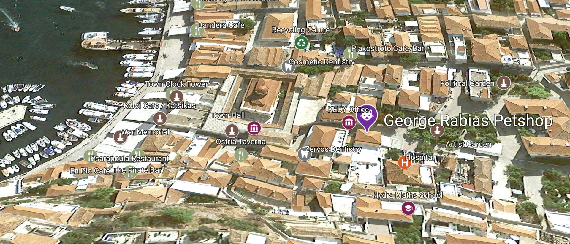 Map to find the George Rabias Petshop on the Greek Island of Hydra.