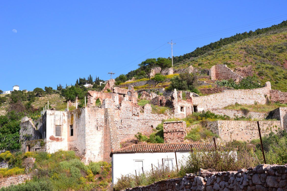 Ghikas Mansion Ruins on Hydra Island Greece.