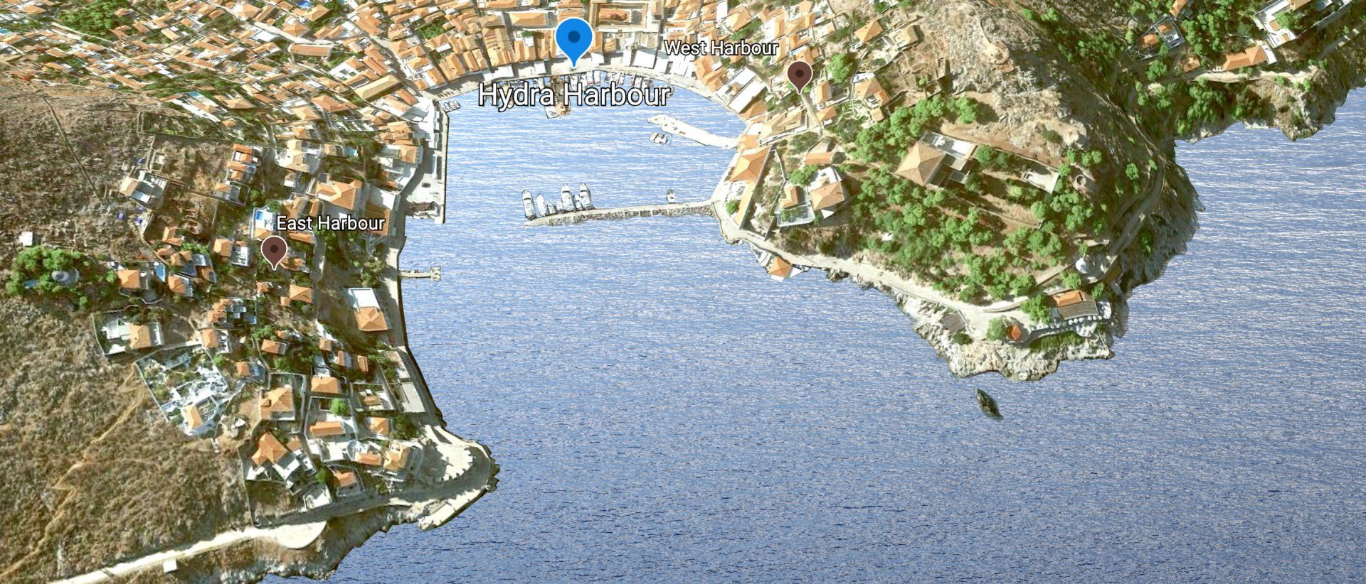 Map of Hydra Town and the East and West harbour on Hydra Island Greece.