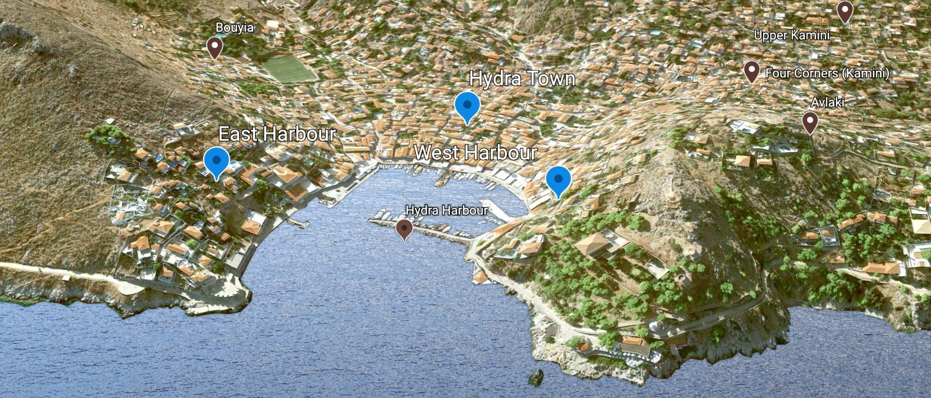 Map of Hydra Town and the East and West harbour on Hydra Island Greece.