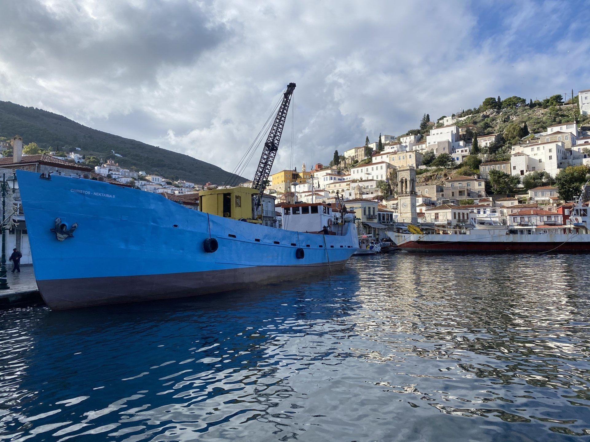 Nektaria anchor retrieval in Hydra harbour, Greece.