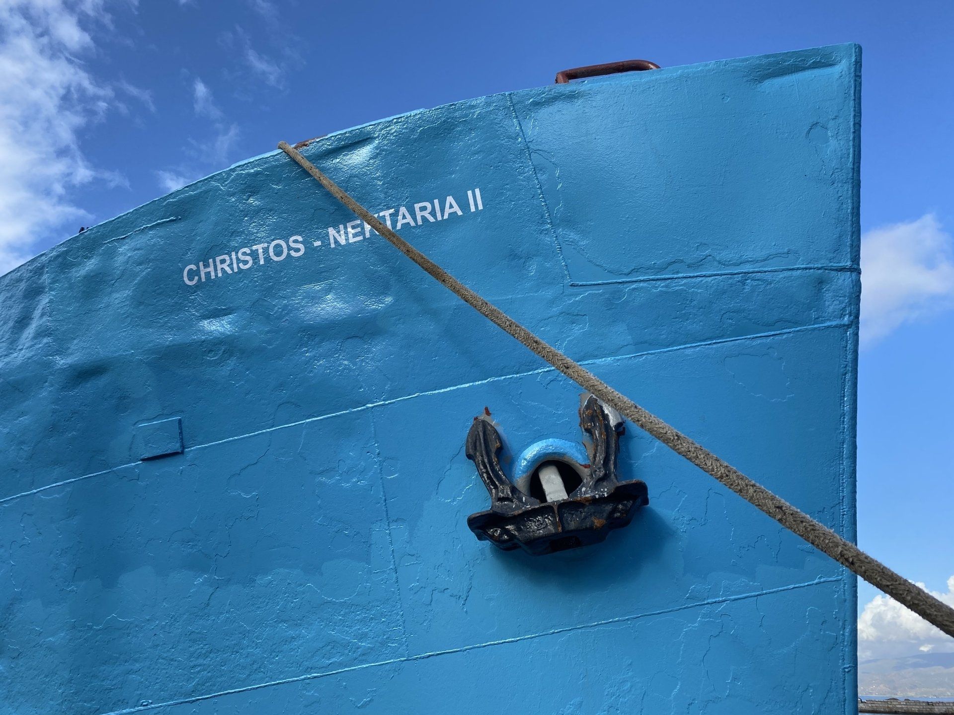 Nektaria anchor retrieval in Hydra harbour, Greece.