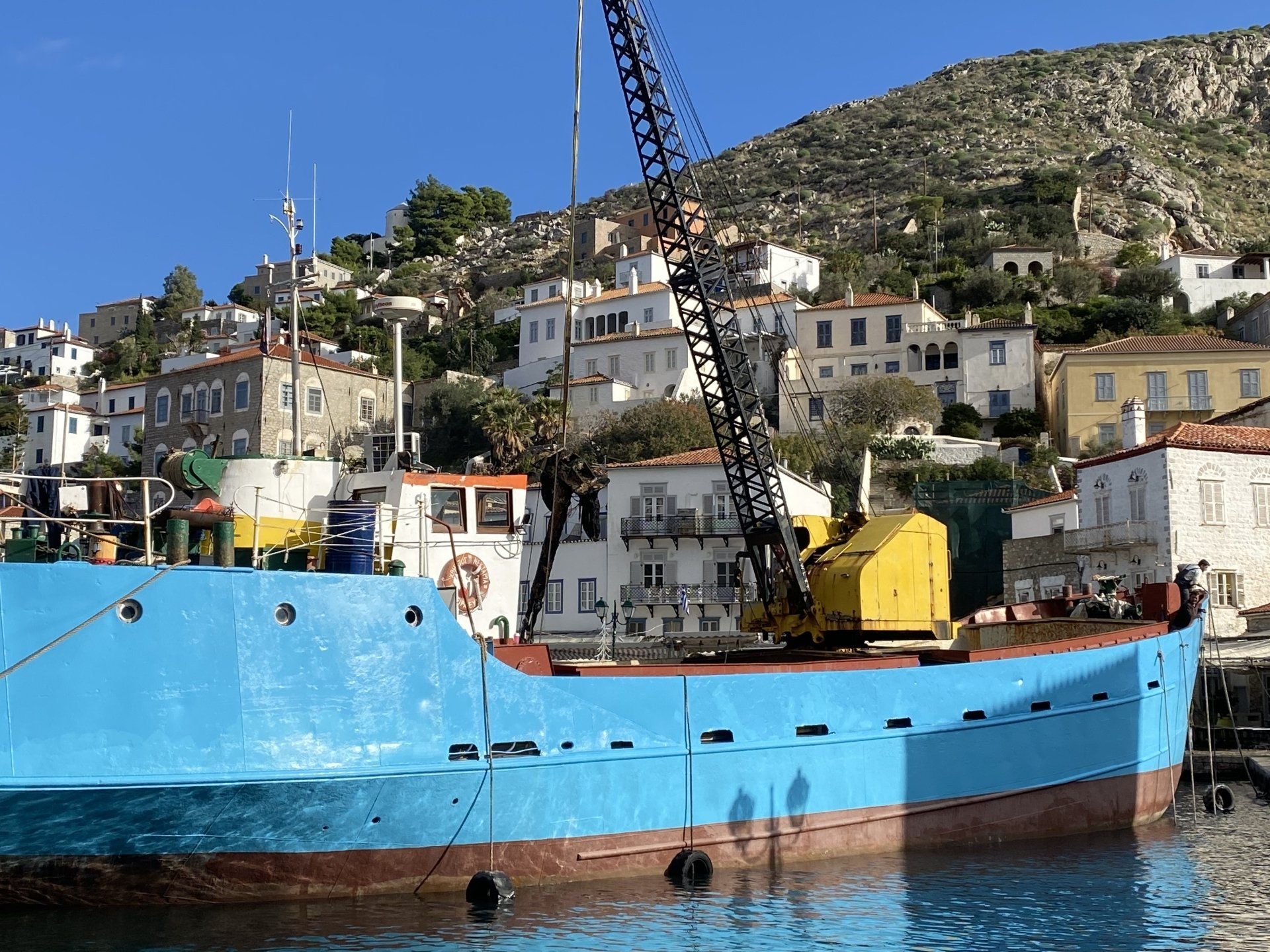 Nektaria anchor retrieval in Hydra harbour, Greece.