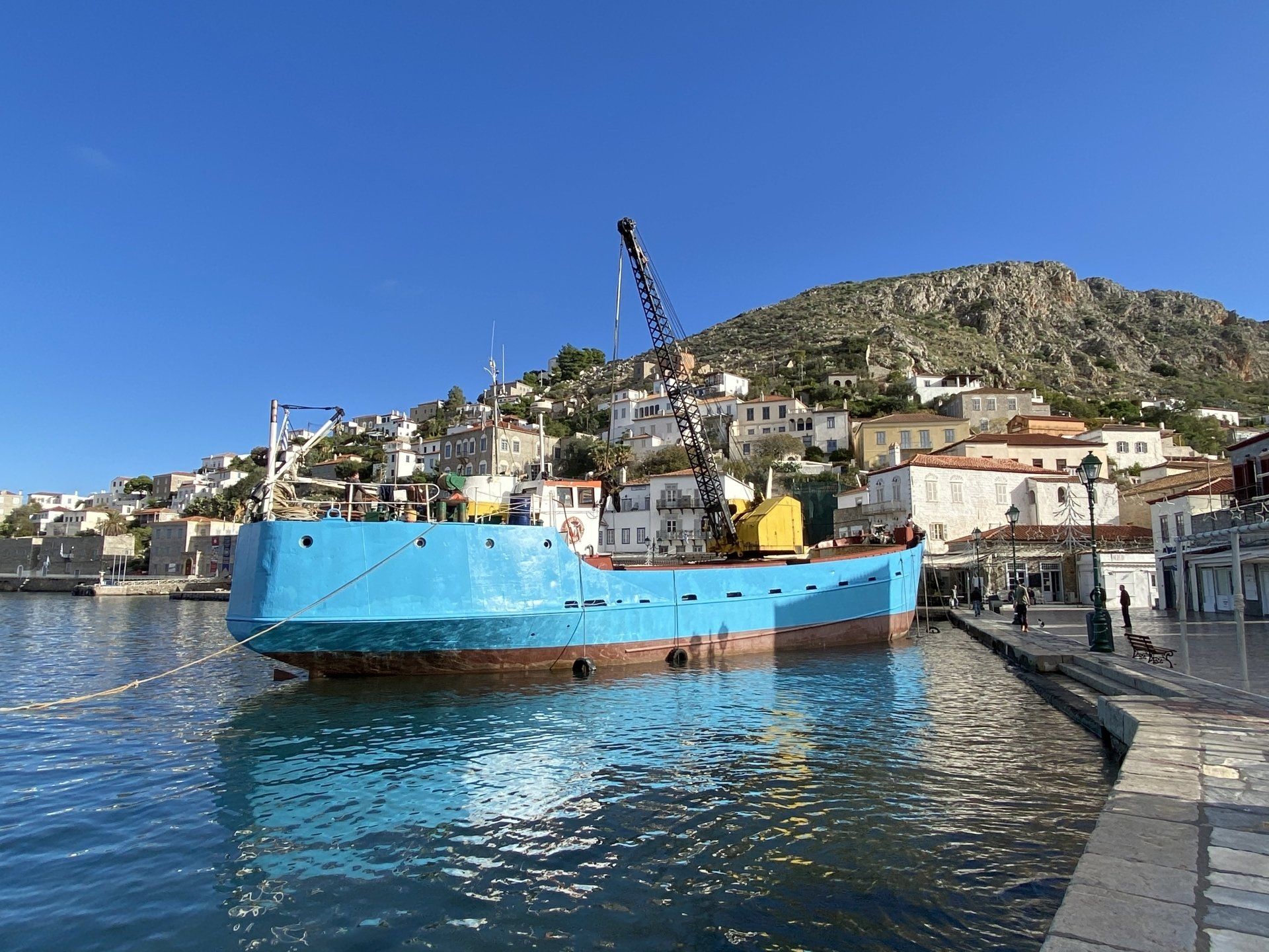 Nektaria anchor retrieval in Hydra harbour, Greece.