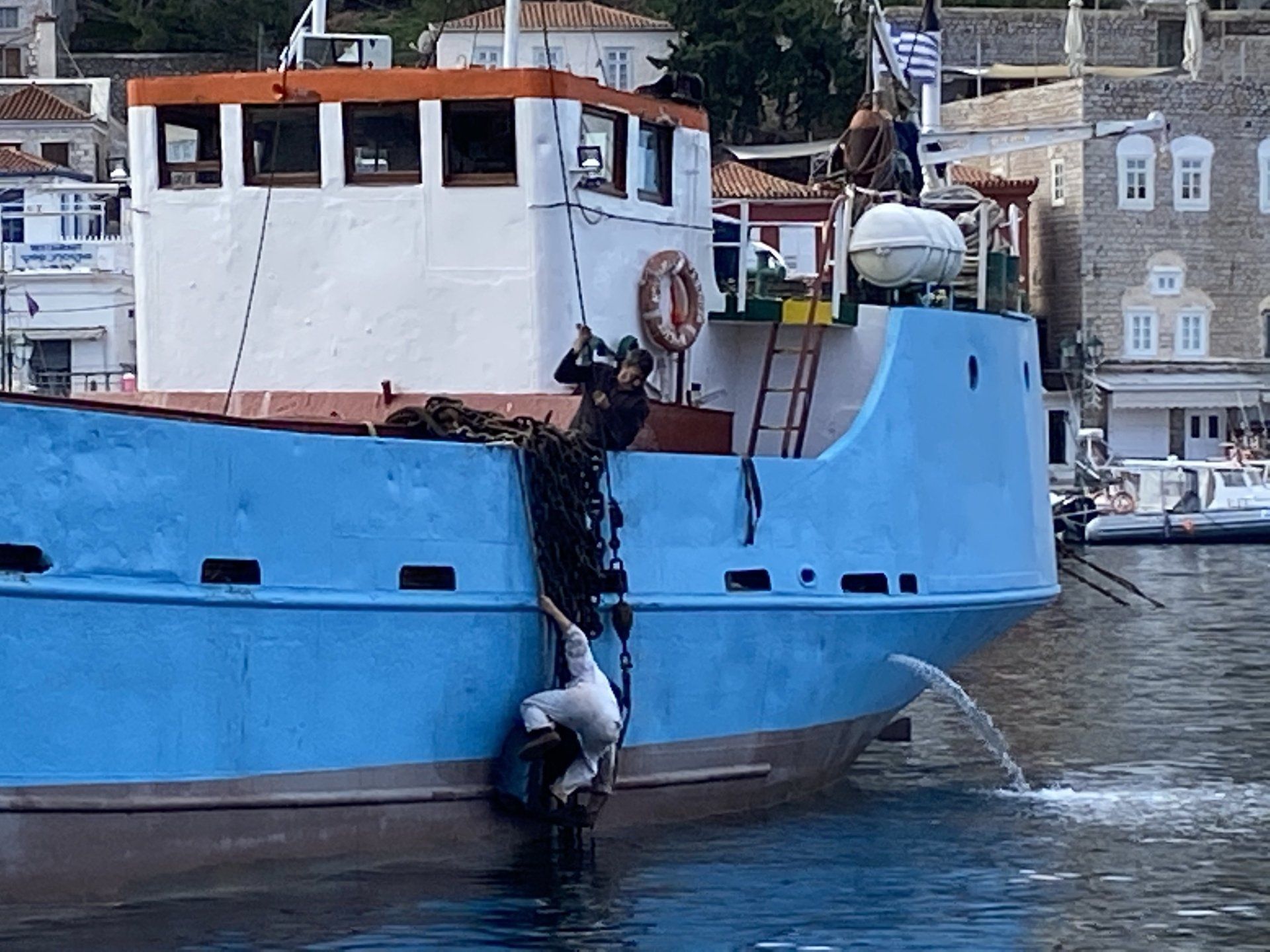 Nektaria anchor retrieval in Hydra harbour, Greece.