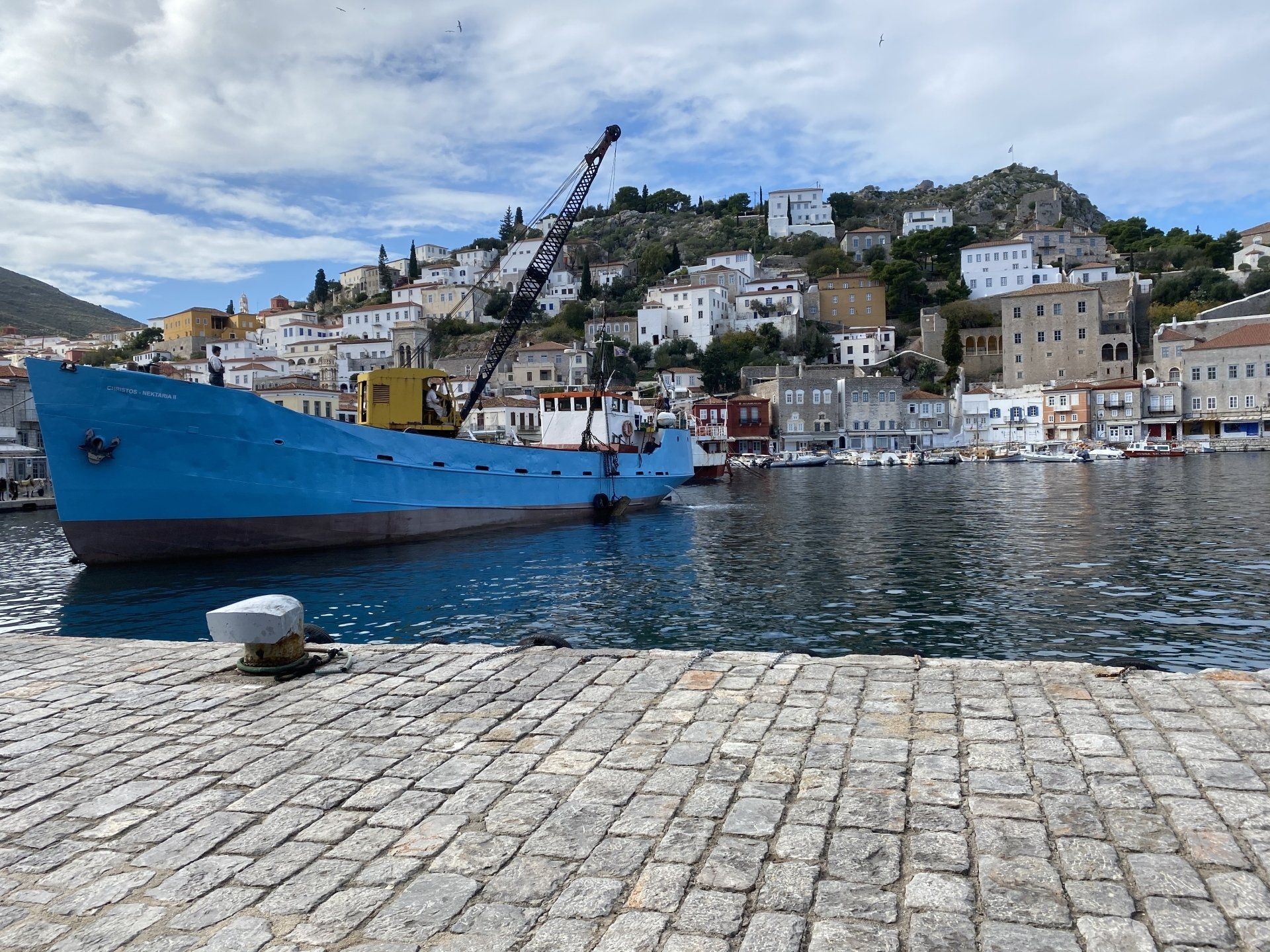 Nektaria anchor retrieval in Hydra harbour, Greece.