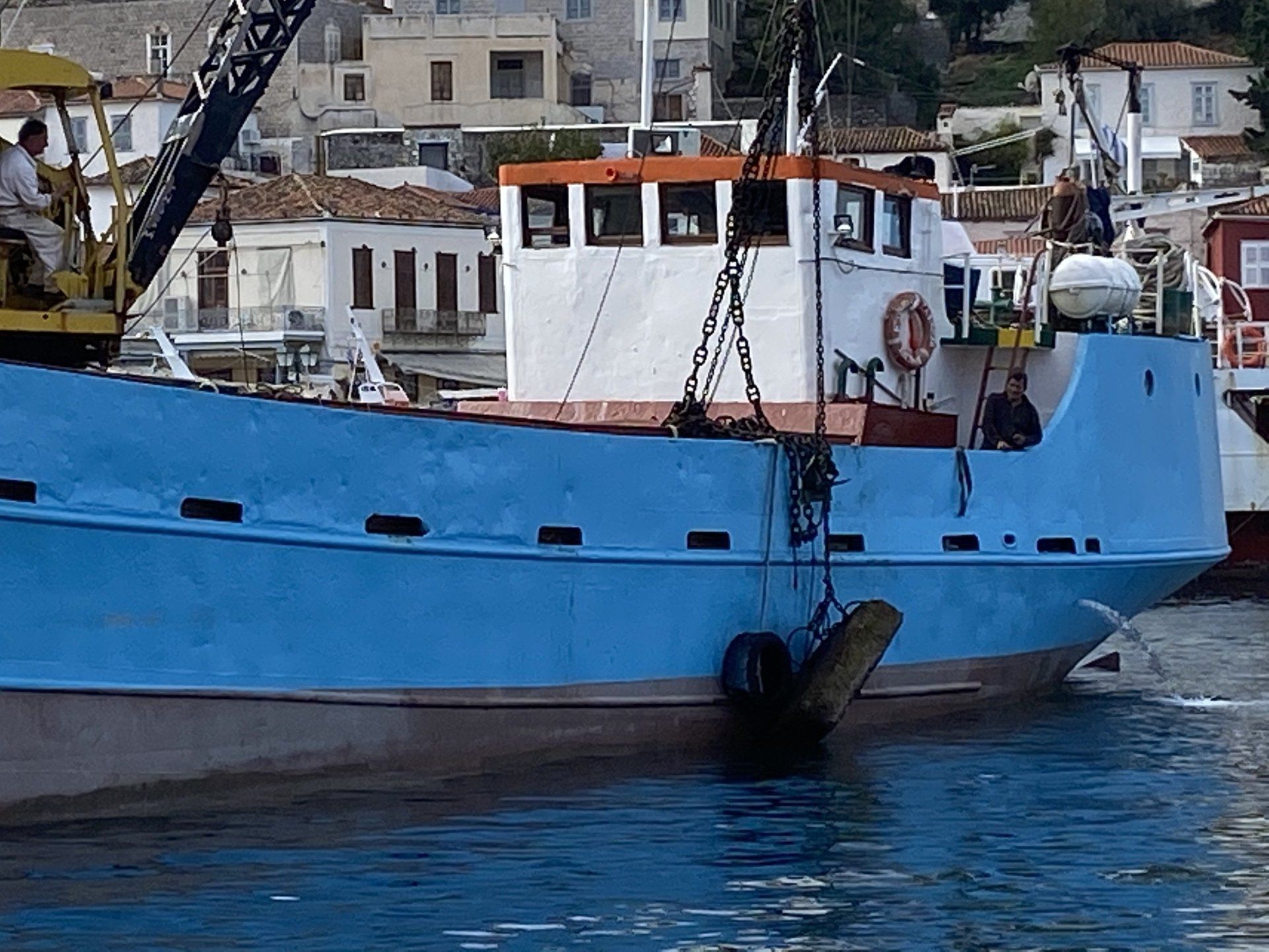Nektaria anchor retrieval in Hydra harbour, Greece.