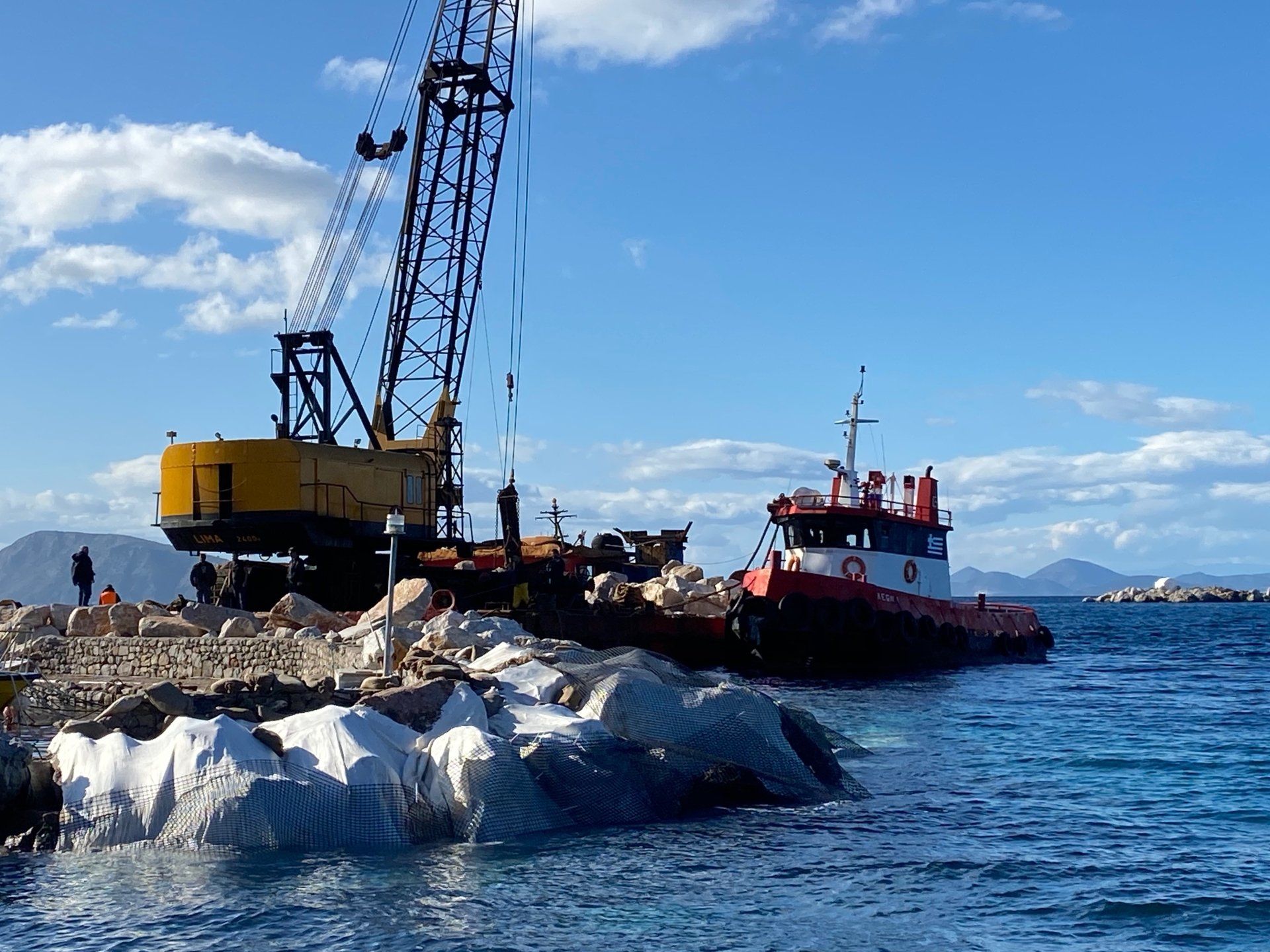 Kamini Harbour sea erosion prevention project on Hydra Island Greece.