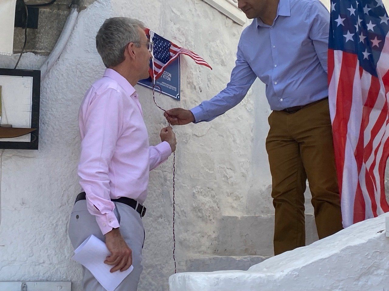 US Ambassador to Greece, Mr Geoffrey Pyatt, unveils street name on Hydra Island Greece 25 June 2021