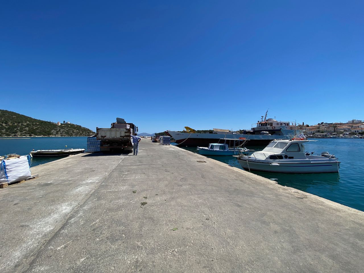 The Maragos Supply Boat, Georgia, moored in Ermioni to collect mainland supplies for delivery to Hydra Island, Greece.