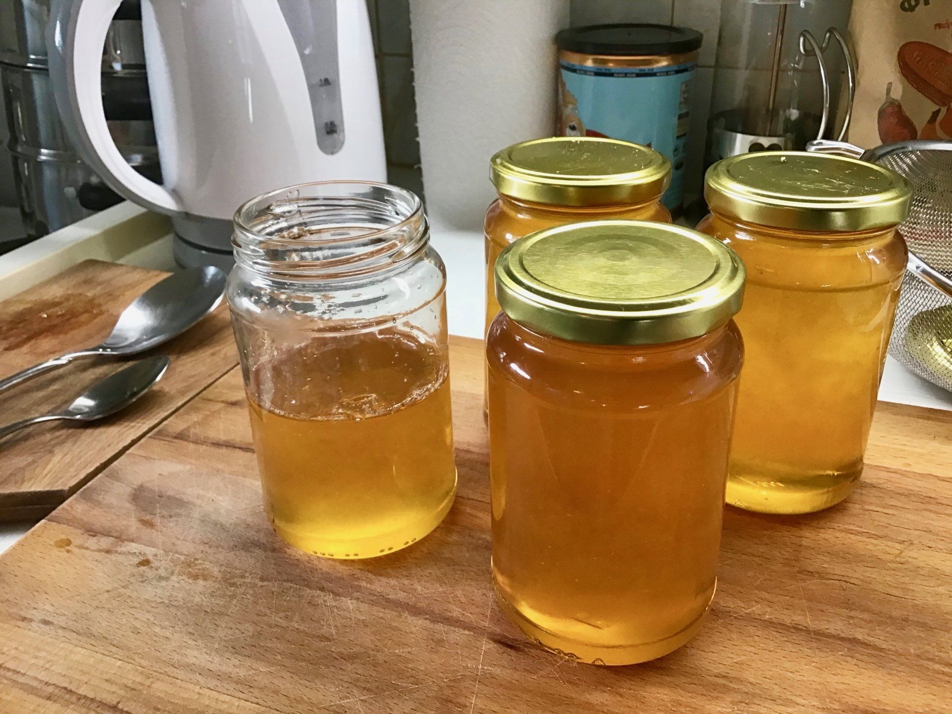 Jars of homemade Neranja Jelly - making marmalade on Hydra Island Greece.