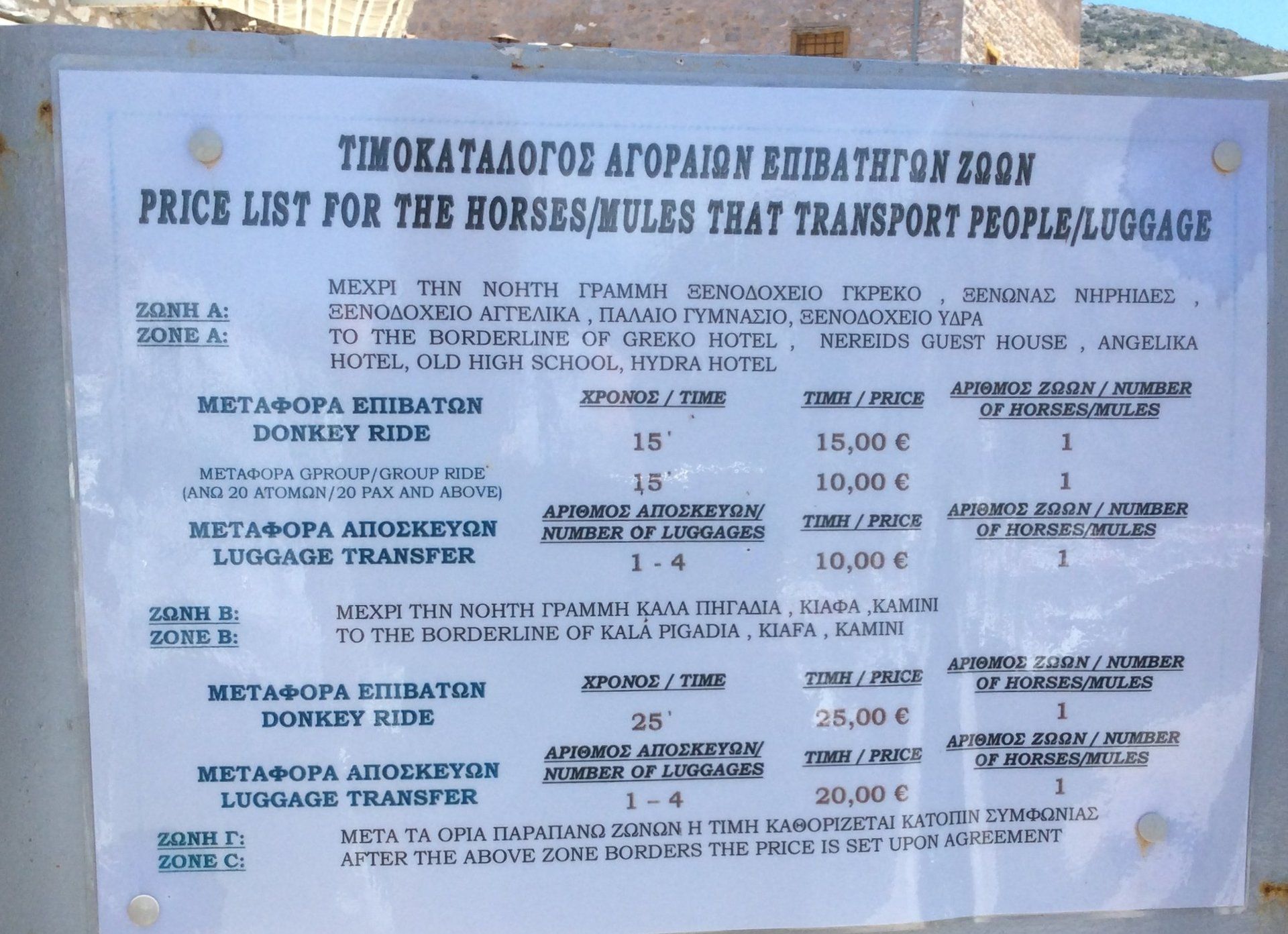 Price list for mule hire on Hydra Island Greece.