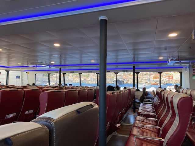 Interior seating on the Magic 1 ferry from Hydra to Piraeus via Aegina