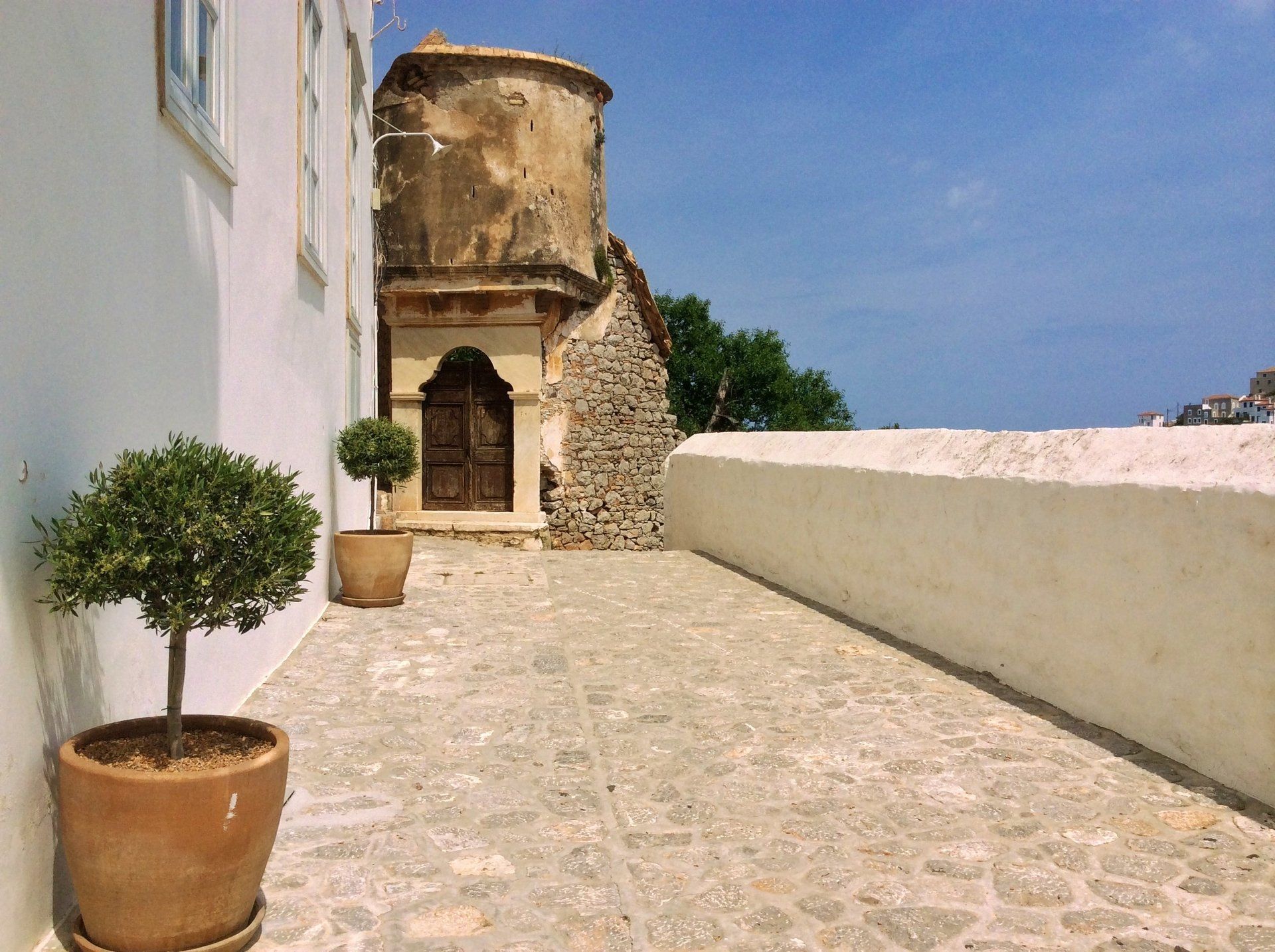 The streets and buildings in Hydra Town on Hydra Island Greece