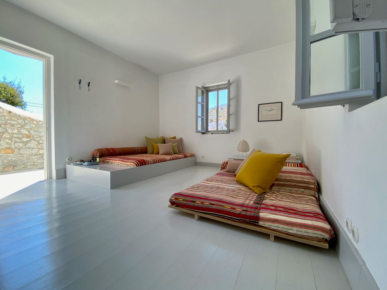 Two futon style day beds in modern house to rent on Hydra Island Greece