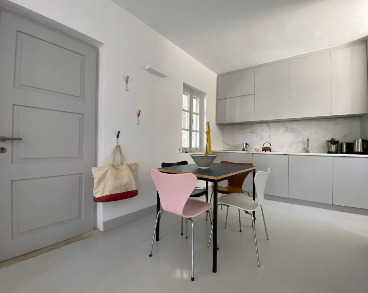 Deluxe, streamlined fully equipped kitchen in this holiday house to rent on Hydra Island Greece