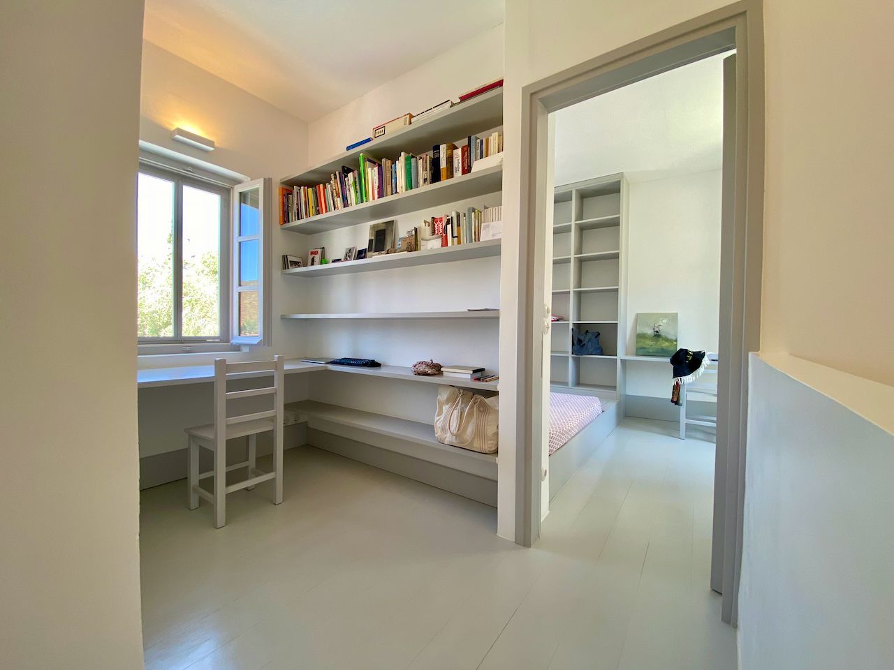 Office/workspace area on the top floor of this 2 bedroom holiday house rental on Hydra Island Greece