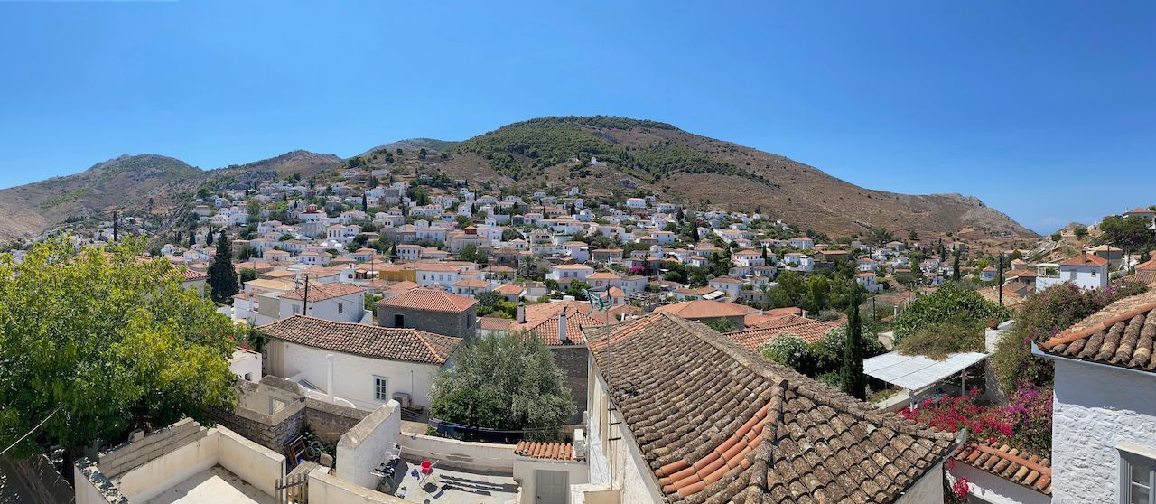 View from top floor principal bedroom balcony, of 2 bedroom holiday house rental on Hydra Island Greece