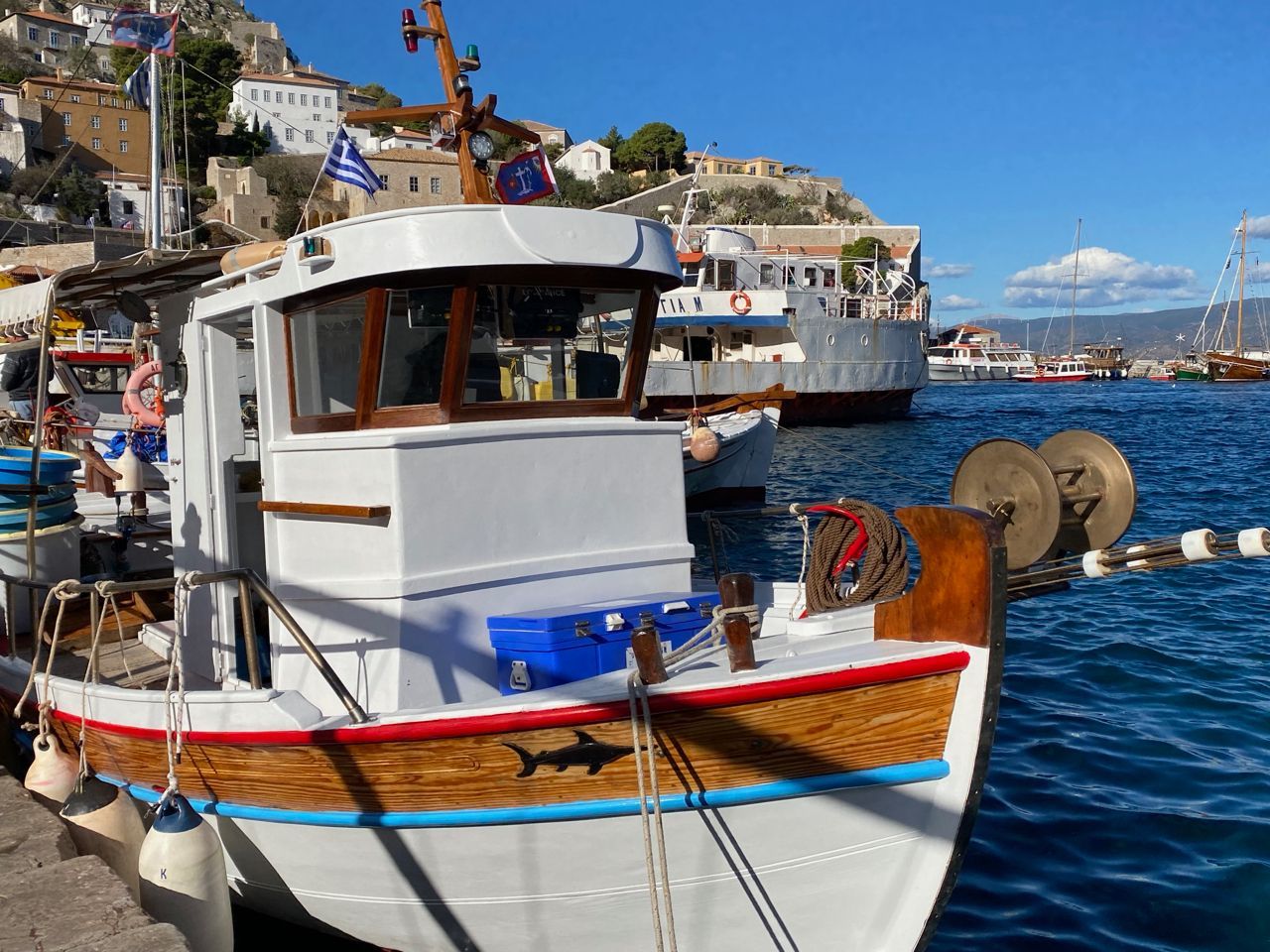Dimitris' wonderful fishing boat to go out on for fishing trips on Hydra Island Greece