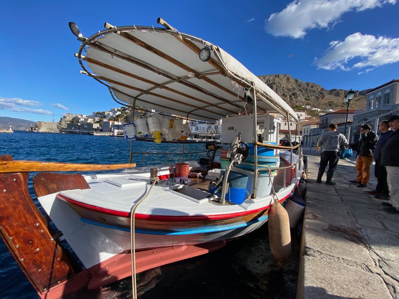 Dimitris' wonderful fishing boat to go out on for fishing trips on Hydra Island Greece