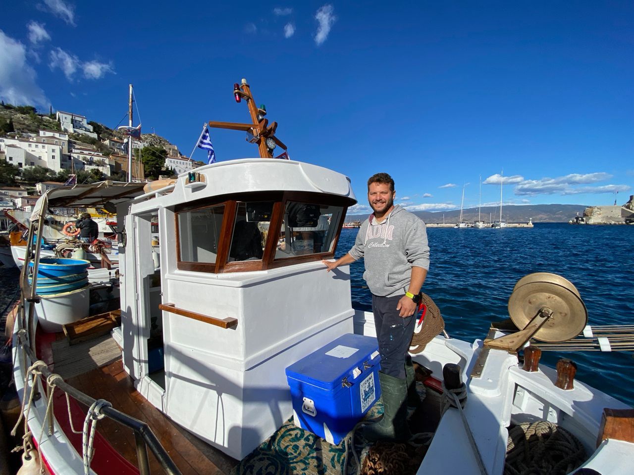Dimitris' wonderful fishing boat to go out on for fishing trips on Hydra Island Greece