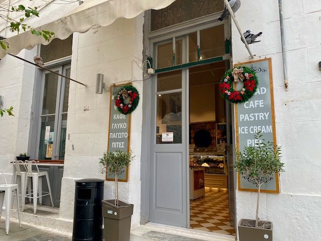Bakery on Hydra Island Greece. Food, bakery, bread, cakes, takeaway coffee, refreshments, ready-made rolls