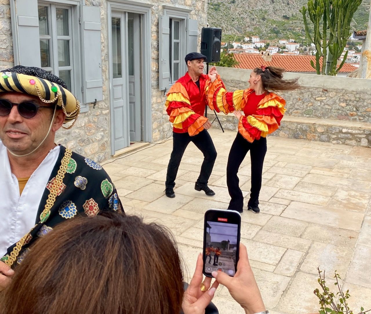 First stop at the Language School on the Carnival Parade Route on Hydra Island Greece 2025