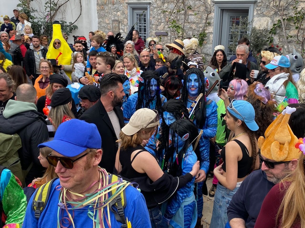 First stop at the Language School on the Carnival Parade Route on Hydra Island Greece 2025