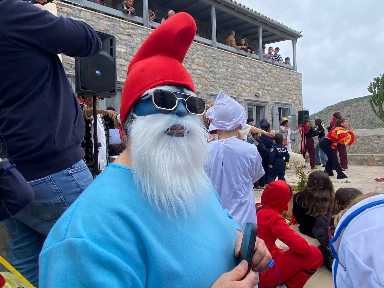 First stop at the Language School on the Carnival Parade Route on Hydra Island Greece 2025