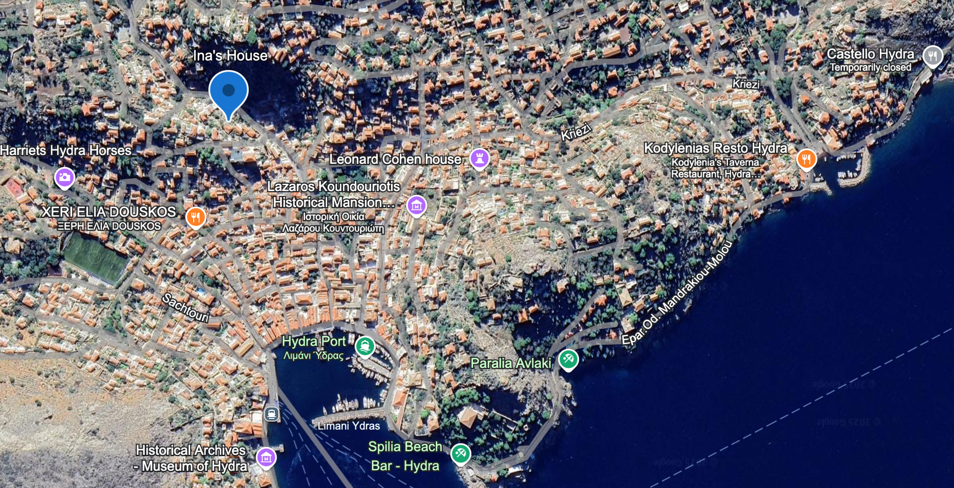 © 2025 HYDRADIRECT Location Map for Ina's House on Hydra Island Greece
