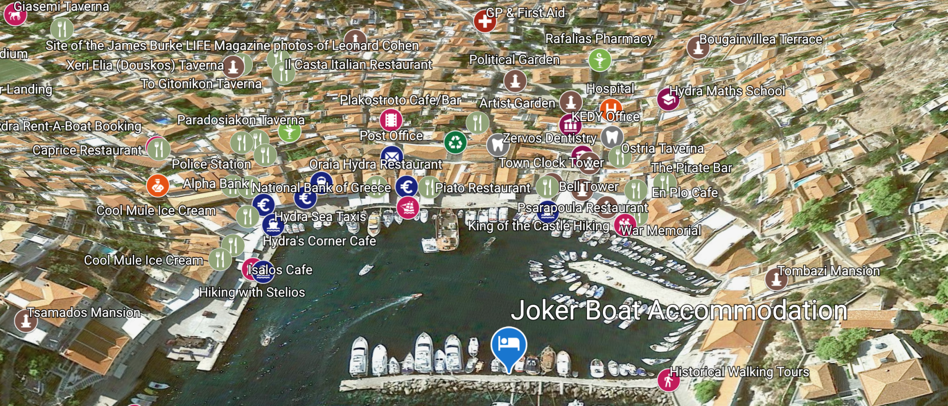 Location Map for Joker Floating Accommodation on Hydra Island Greece