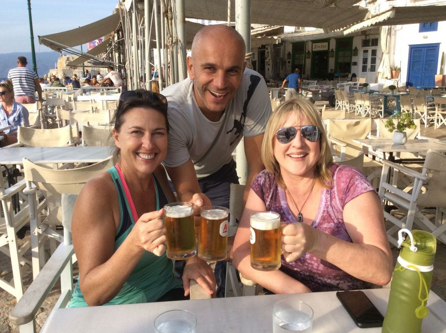 well deserved drink after King of the Castle Hiking on Hydra Island Greece, on the HYDRADIRECT Out & About pages