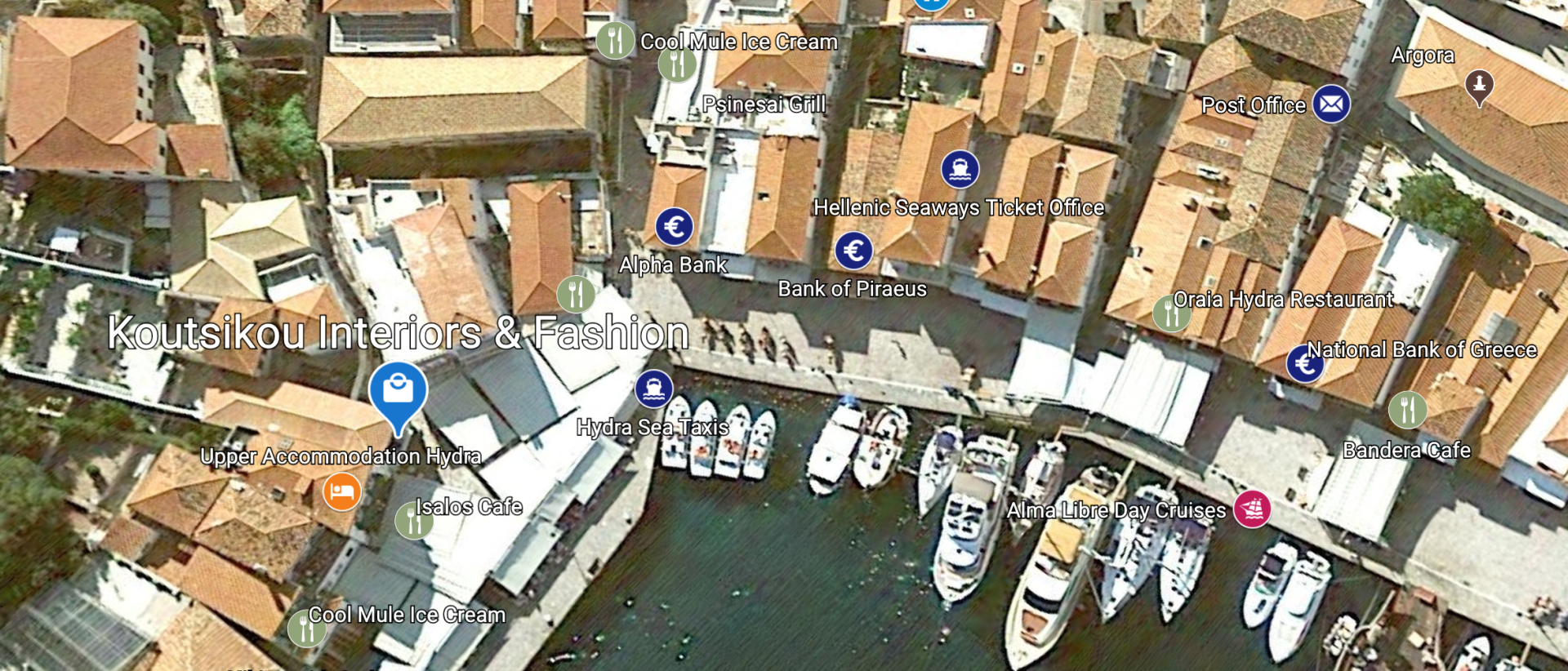 © 2020 HYDRADIRECT Map to find the Koutiskou Interiors & Fashion shop on the Greek Island of Hydra.