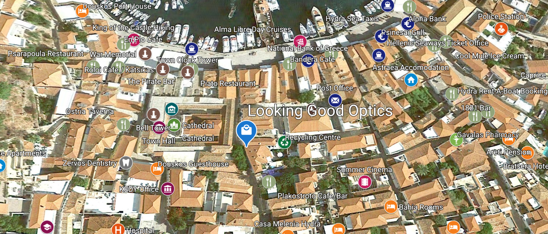 Map to find the Looking Good Optics shop on the Greek Island of Hydra.