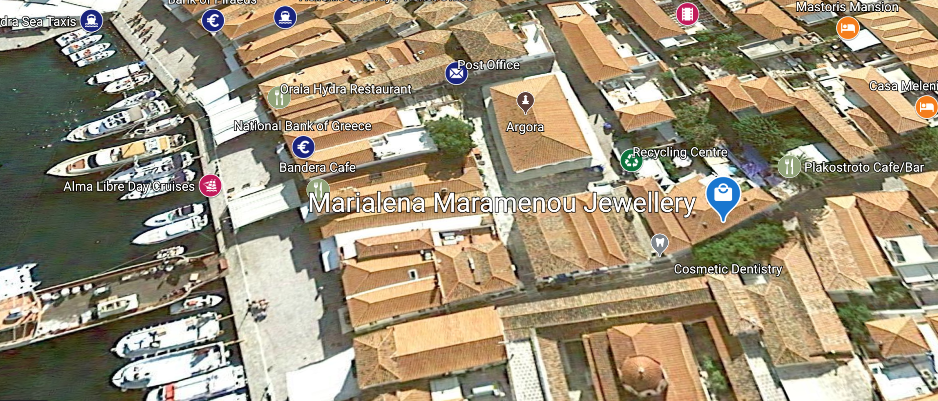 © 2020 HYDRADIRECT Map to find Marialena Maramenou Jewellery shop on the Greek Island of Hydra.
