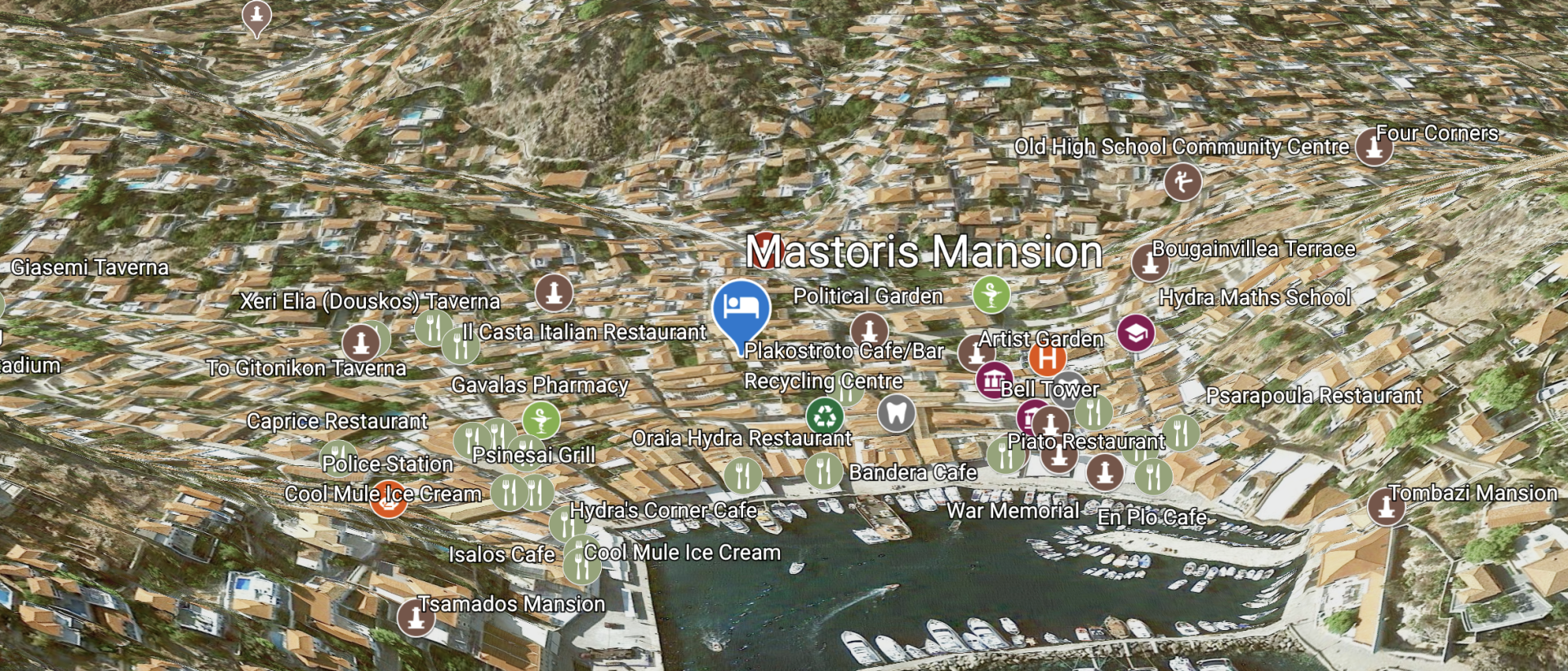 Map showing the location of the Mastoris Mansion on the Greek Island of Hydra