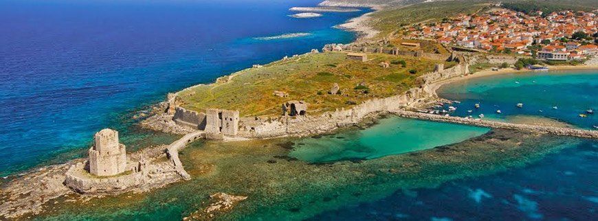 Methoni Castle, Hydra Island Greece, twinned with Pylos Nestoros, Peloponnese mainland Greece.